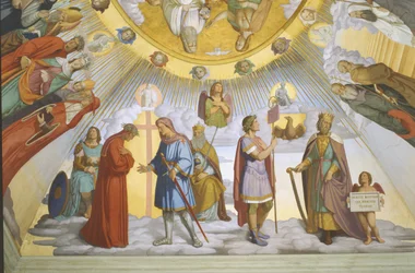 ダンテの部屋のヴォールト、詳細：ダンテ、ベアトリス、コンスタンス皇后、ヴィラノヴァのクラリッサピカルダロメオ、ユスティニアヌス帝